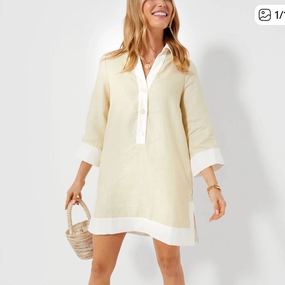 Tuckernuck 100% Linen mini collared dress in Natural Beige